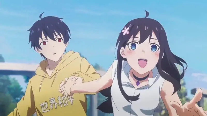 Wang Ling and Sun Rong hold hands while running outside in the OP main character no isekai donghua The Daily Life of the Immortal King.