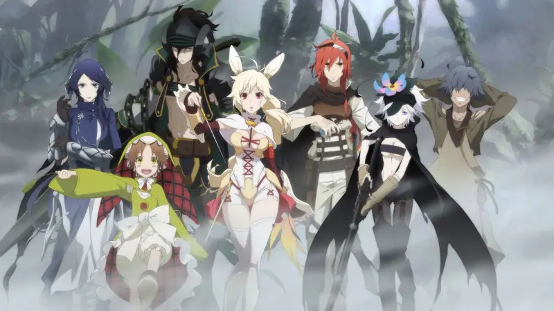 Adlet Mayer, Fremy Speeddraw, and the other gathered heroes stand in a foggy forest in the mystery plot twist anime Rokka: Braves of the Six Flowers.