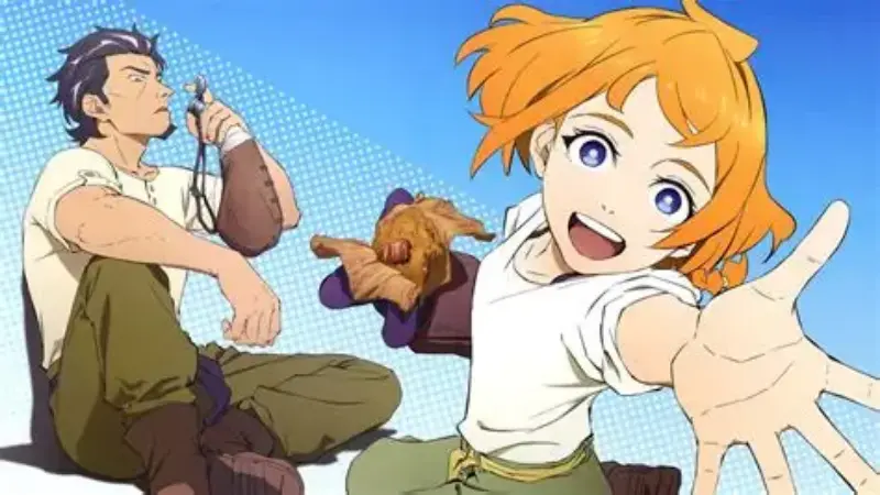 Natsume reaches forward cheerfully with food while Kaburagi watches against a blue sky in the sci-fi plot twist anime Deca-Dence.