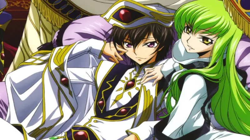 Lelouch vi Britannia and C.C. relax together in royal attire on an ornate bed in the iconic plot twist anime Code Geass: Lelouch of the Rebellion.