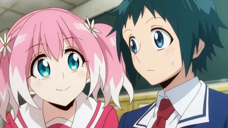 Nana Hiiragi smiles warmly next to a nervous Nanao Nakajima inside a classroom in the psychological plot twist anime Talentless Nana.