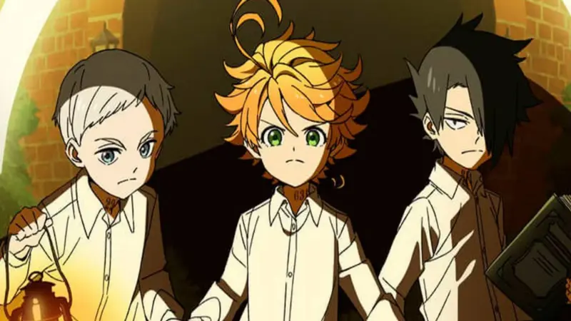Norman, Emma, and Ray hold a lantern and book with serious expressions in the dark psychological plot twist anime The Promised Neverland.
