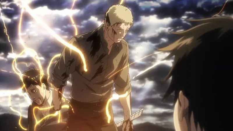 Reiner Braun and Bertholdt Hoover stand amidst yellow transformation lightning in a massive plot twist scene from the anime Attack on Titan.
