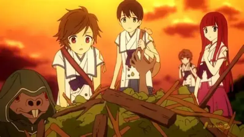 Saki Watanabe, Satoru Asahina, and their friends discover a False Minoshiro creature at sunset in the dystopian plot twist anime Shinsekai Yori.