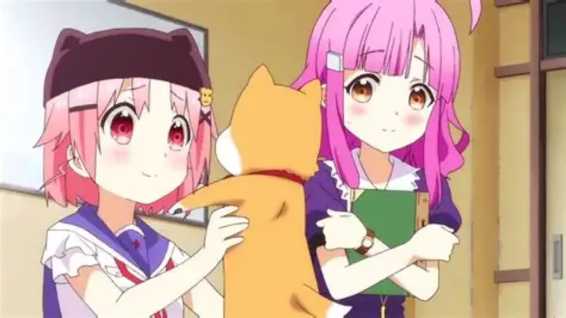 Yuki Takeya holds the dog Taromaru beside Kurumi Ebisuzawa in the seemingly cheerful but shockingly dark plot twist anime School-Live!.