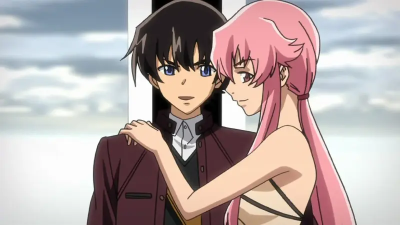 Yukiteru Amano and Yuno Gasai stand close together against a cloudy sky in the psychological thriller and plot twist anime Future Diary.