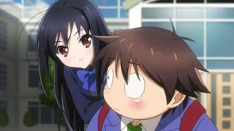 Kuroyukihime smiling gently from behind a blushing, wide-eyed Haruyuki Arita in Accel World.