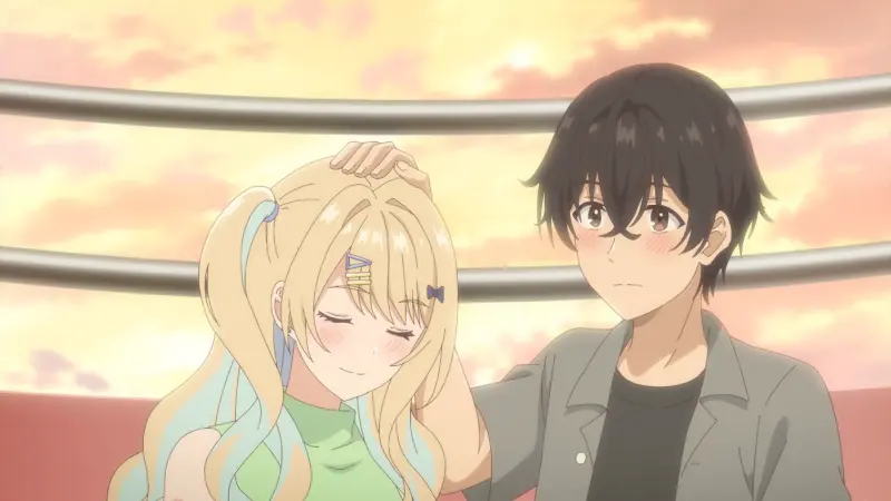 Ryuuto Kashima blushing while patting the head of a smiling Runa Shirakawa in Our Dating Story: The Experienced You and The Inexperienced Me.