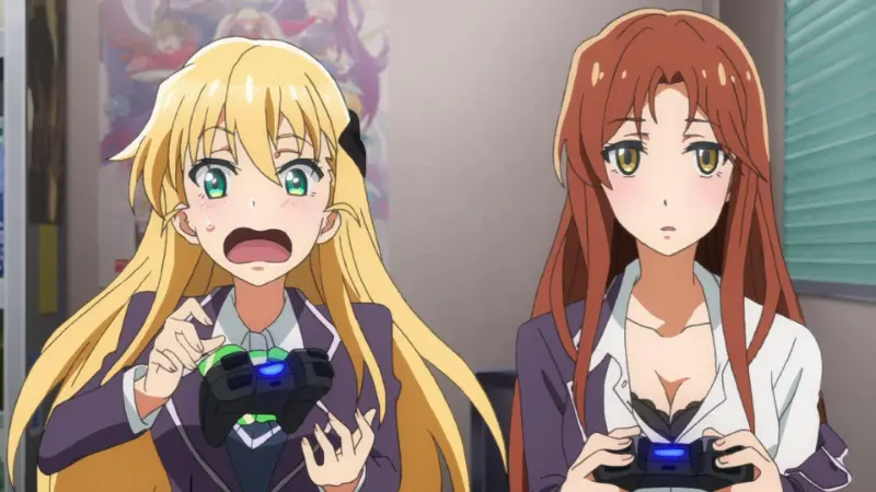 Karen Tendou looking shocked while holding a controller next to a focused Chiaki Hoshinomori in Gamers!
