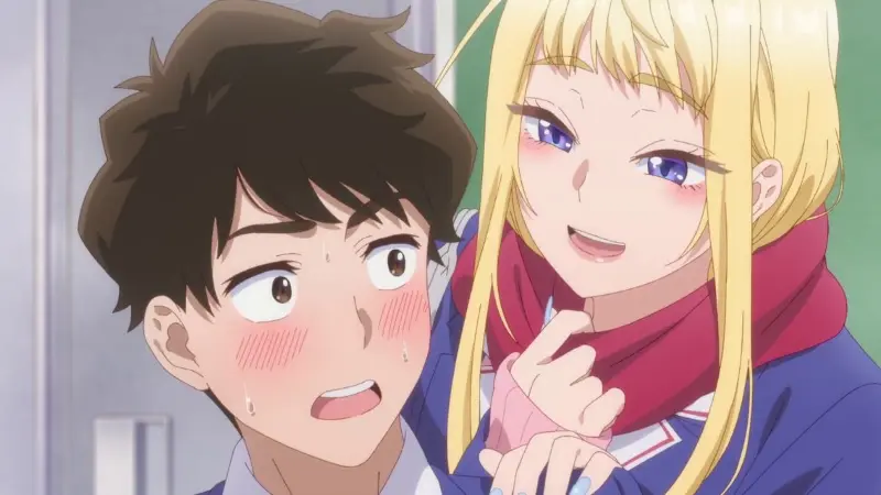 Minami Fuyuki smiling playfully while leaning in close to a heavily blushing Tsubasa Shiki in Hokkaido Gals Are Super Adorable!