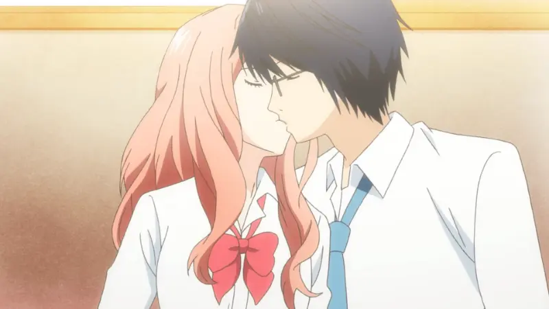 Iroha Igarashi gently kissing Hikari Tsutsui, who is wearing glasses, in Real Girl.