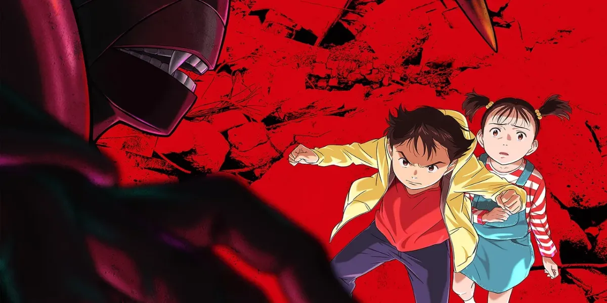 Atom and Uran fleeing in terror from the giant red Pluto robot amidst destroyed rubble in Pluto