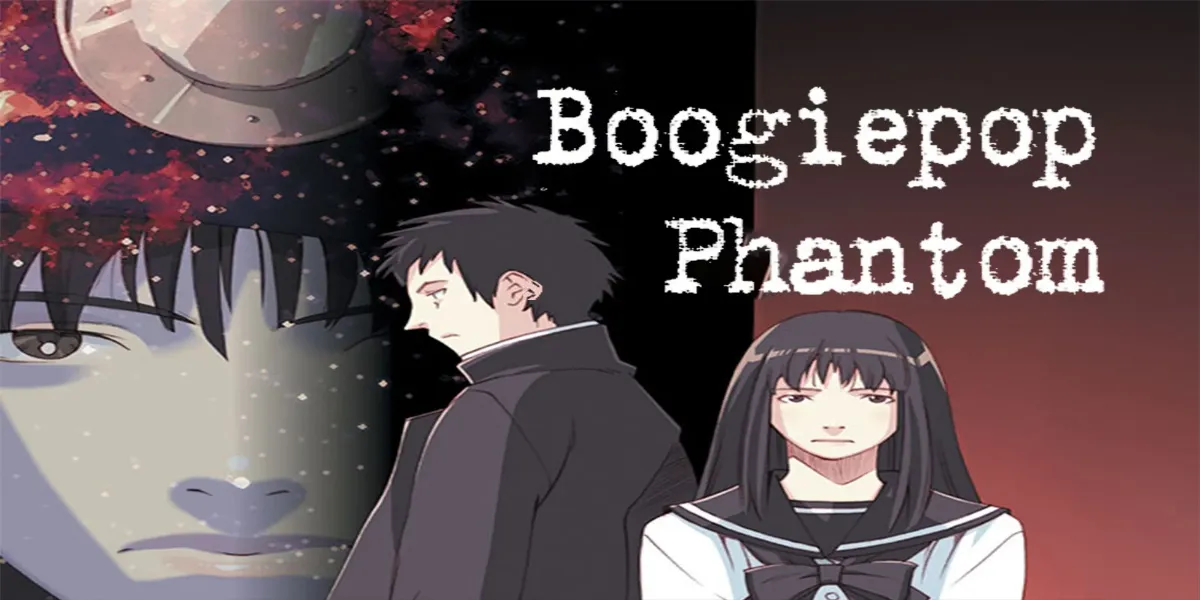 Boogiepop and Touka Miyashita standing back-to-back against a dark, fragmented background in Boogiepop Phantom