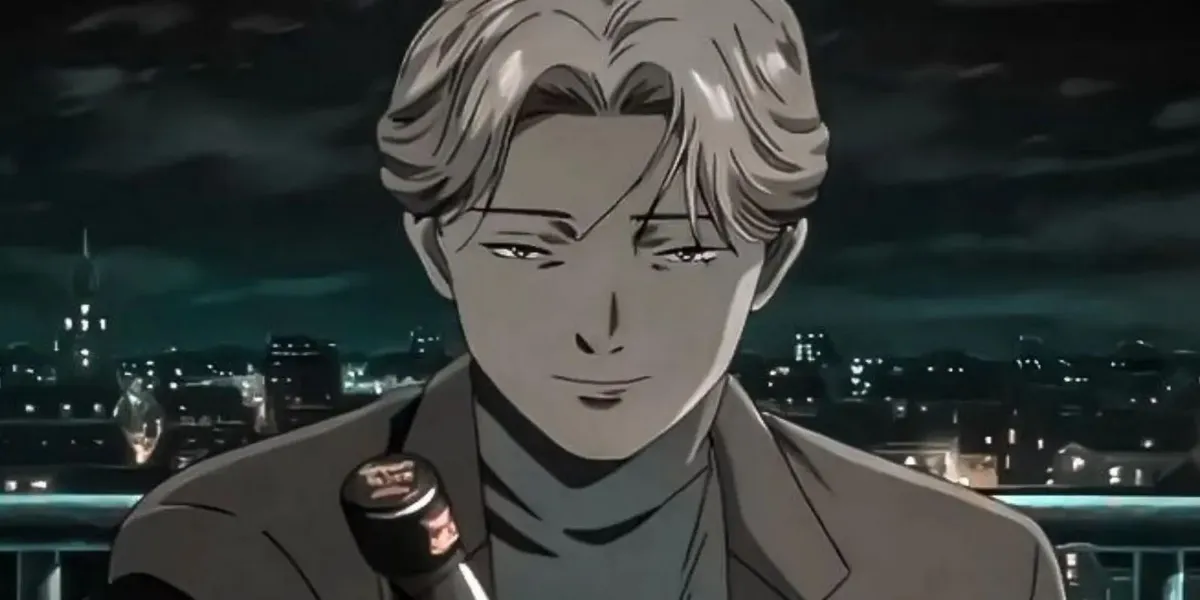 Johan Liebert smiling menacingly while standing on a dark city rooftop at night in Monster