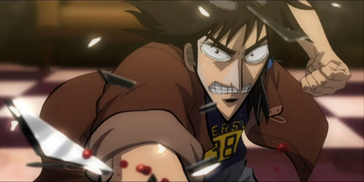 Kaiji Itou aggressively smashing his bleeding hand down on a table surrounded by shattered glass in Kaiji Ultimate Survivor