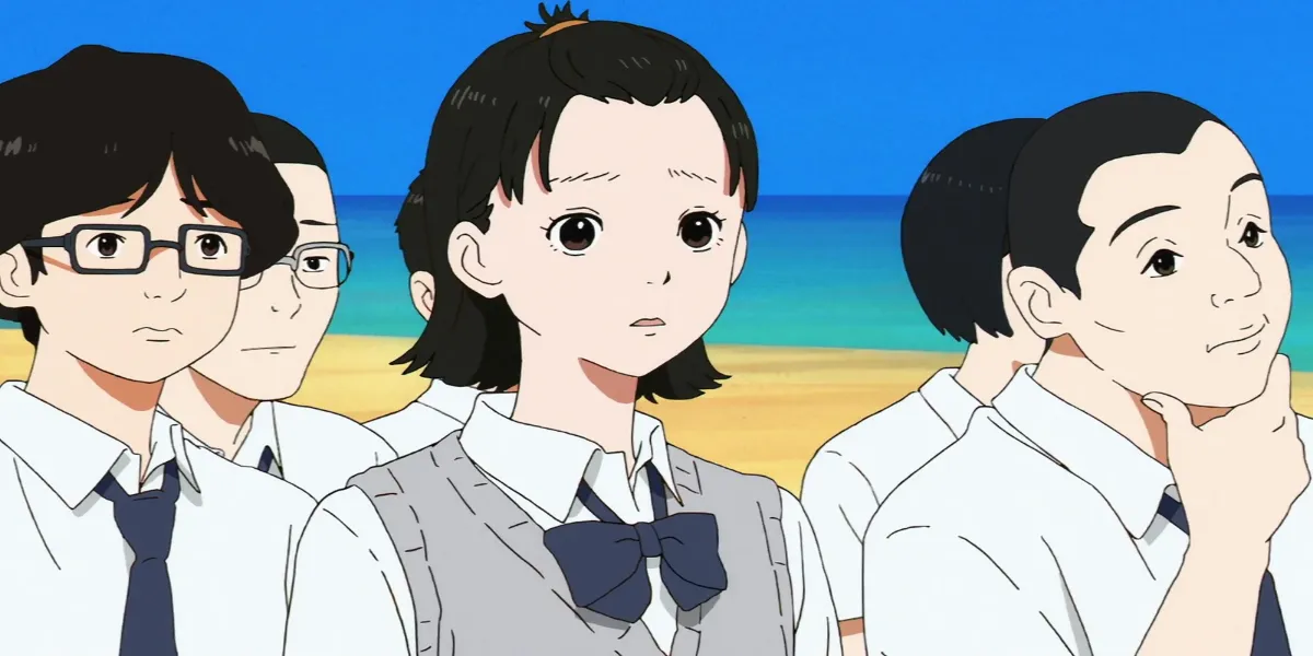 Nozomi looking solemnly toward the beach while Nagara and other stranded students stand behind her in Sonny Boy