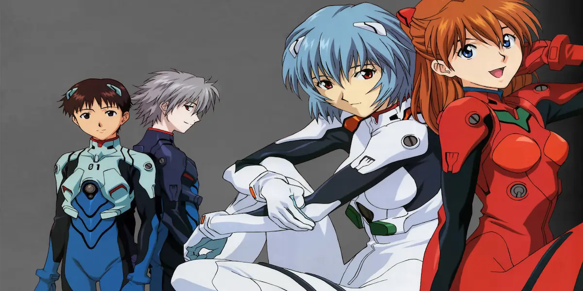 Shinji Ikari, Rei Ayanami, Asuka Langley Soryu, and Kaworu Nagisa standing together in their plugsuits in Neon Genesis Evangelion
