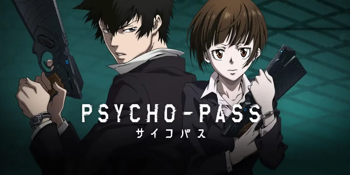 Shinya Kogami and Inspector Akane Tsunemori standing back-to-back while holding their Dominator weapons in Psycho-Pass