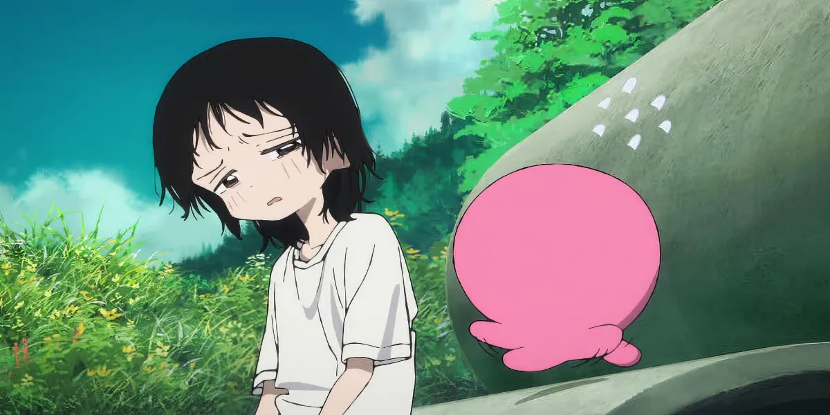 Shizuka Kuze crying silently while sitting next to the pink alien Takopi in Takopi's Original Sin