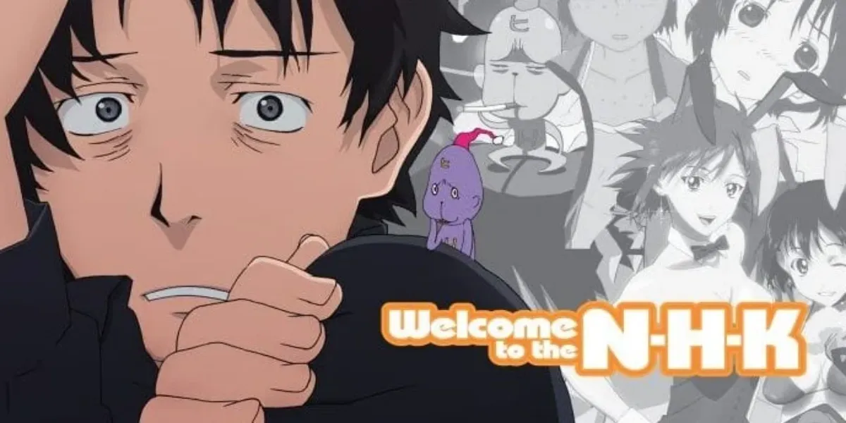 Tatsuhiro Satou looking exhausted and paranoid while surrounded by pink Pururin hallucinations in Welcome to the N.H.K.