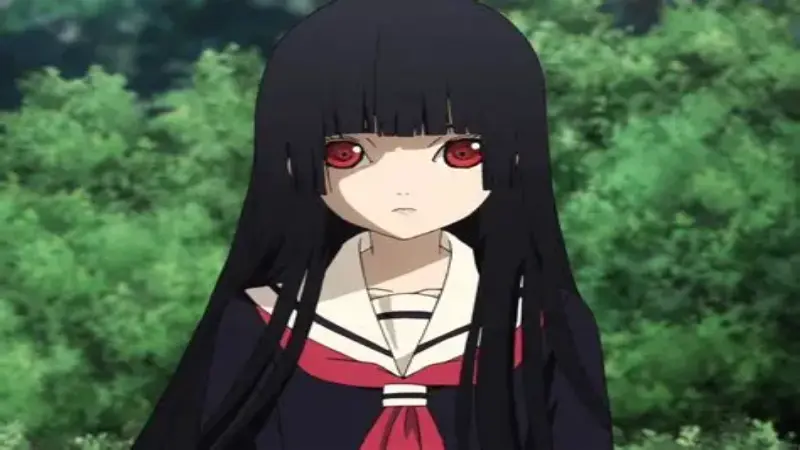 Ai Enma wears her sailor school uniform against a green background in the supernatural thriller and revenge anime Hell Girl.