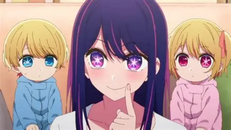 The idol Ai Hoshino smiles with her reincarnated children Aqua and Ruby in the dramatic psychological revenge anime Oshi no Ko.