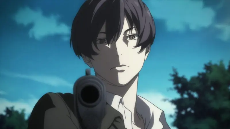 Avilio Bruno points a handgun directly forward in the gritty mafia revenge anime 91 Days.