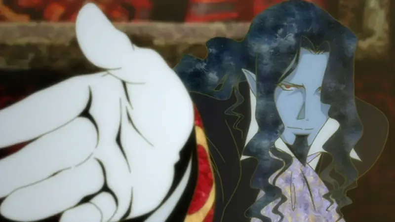 The Count of Monte Cristo extends his hand in the visually striking sci-fi revenge anime Gankutsuou: The Count of Monte Cristo.
