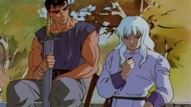 Guts rests his giant sword next to Griffith under a tree in the classic dark fantasy revenge anime Berserk.