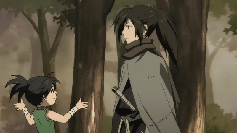 Hyakkimaru and the young thief Dororo meet in a quiet forest in the dark samurai revenge anime Dororo.