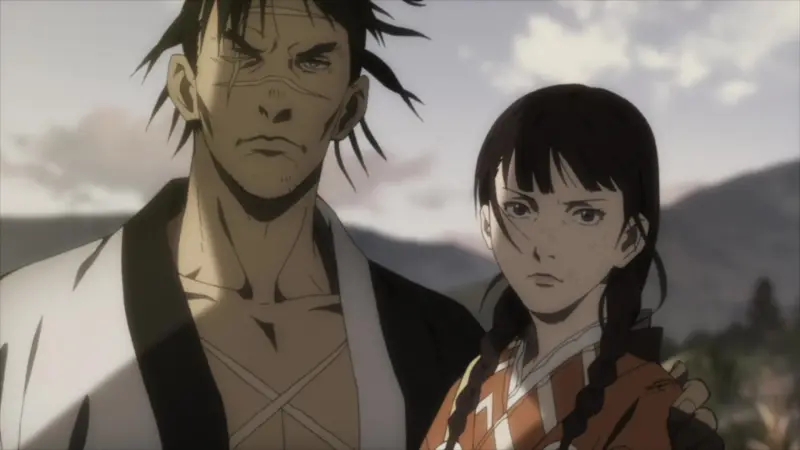 The immortal samurai Manji and Rin Asano travel mountainous terrain in the brutal historical revenge anime Blade of the Immortal.