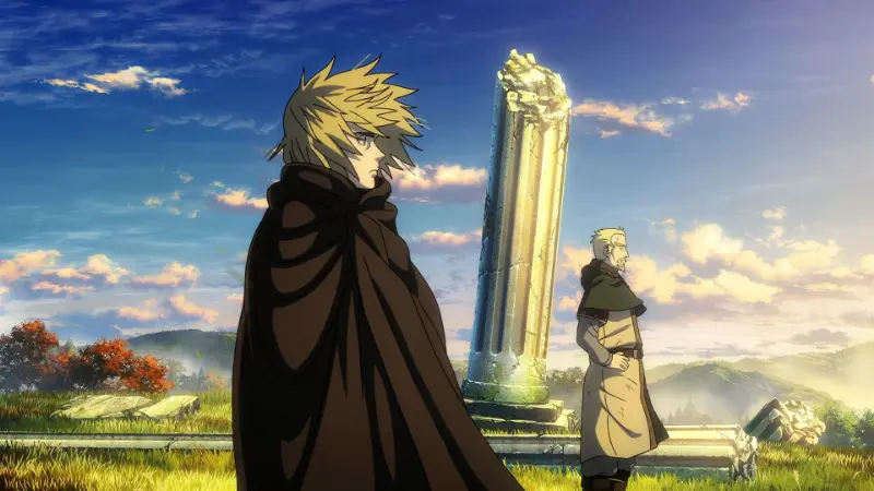 Thorfinn and Askeladd stand near a ruined pillar in a grassy field in the epic historical revenge anime Vinland Saga.