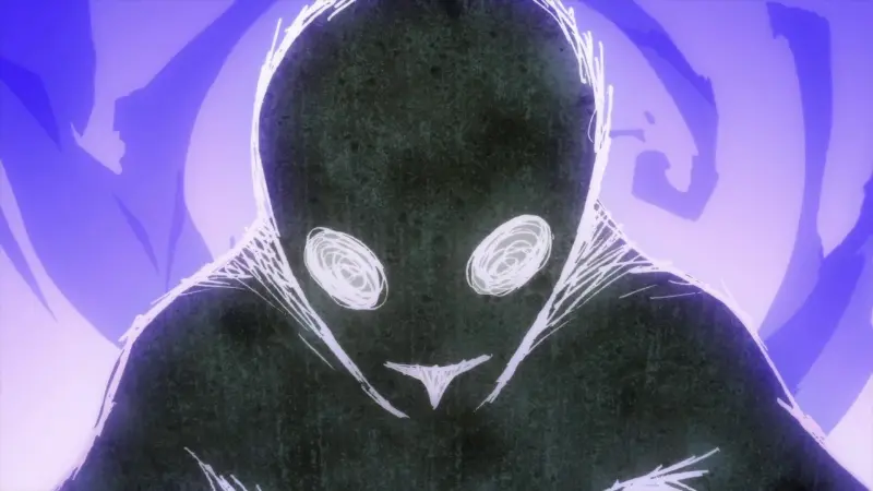 The ominous, sketched silhouette of the Anti-Spiral floats with hollow white eyes against a vibrant purple and blue cosmic background in Gurren Lagann.