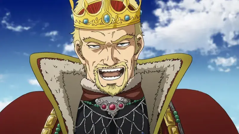 The mercenary leader Askeladd laughs confidently while wearing a golden, jeweled crown and red cloak under a bright blue sky in Vinland Saga.