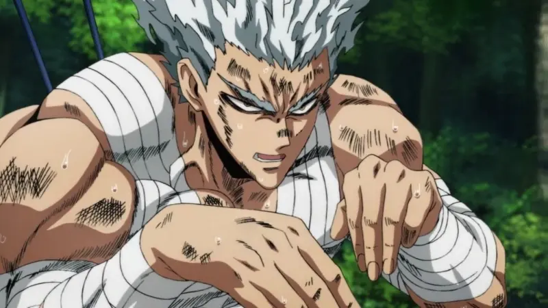Garou the Hero Hunter crouches in a focused martial arts fighting stance, his muscular arms wrapped in bandages, in the anime One Punch Man.