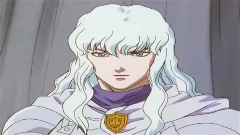 Griffith stares coldly forward with his long flowing white hair and pristine white armor from the dark fantasy anime Berserk.