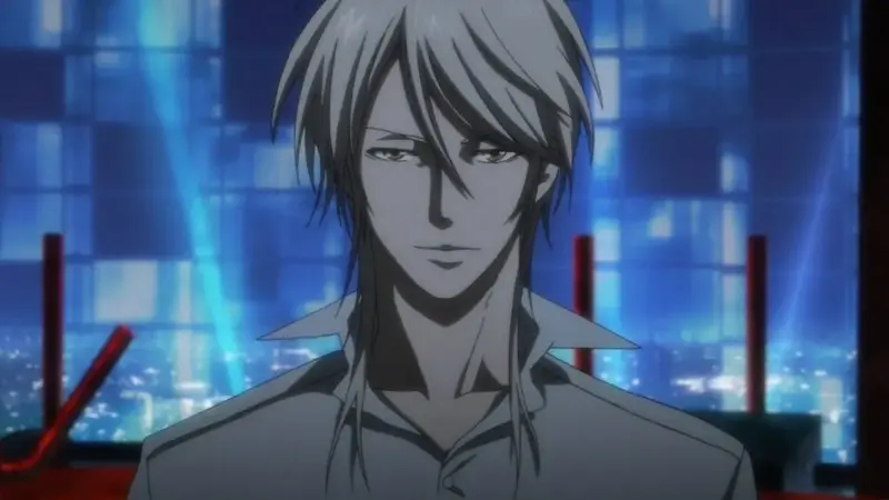 The calculating antagonist Shogo Makishima smirks gently in a white collared shirt against a glowing blue futuristic city backdrop in Psycho-Pass.
