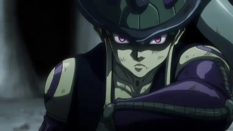 The Chimera Ant King Meruem looks down with an intense, piercing glare and glowing purple eyes in Hunter x Hunter.