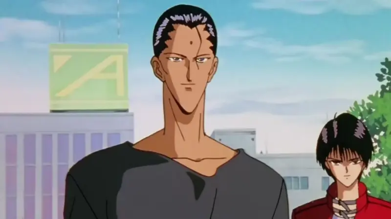 Former Spirit Detective Shinobu Sensui stands calmly on an outdoor balcony in a black shirt, with his partner Itsuki behind him in Yu Yu Hakusho.
