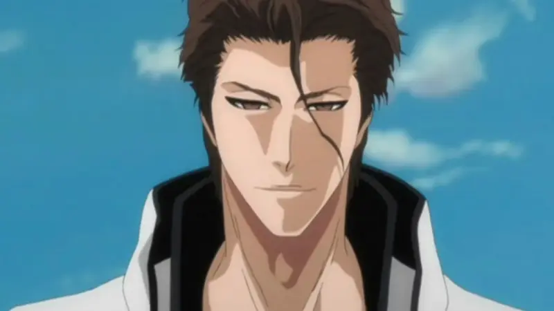 Sosuke Aizen looks down with a smug, confident expression while wearing his white Arrancar uniform against a clear blue sky in Bleach.