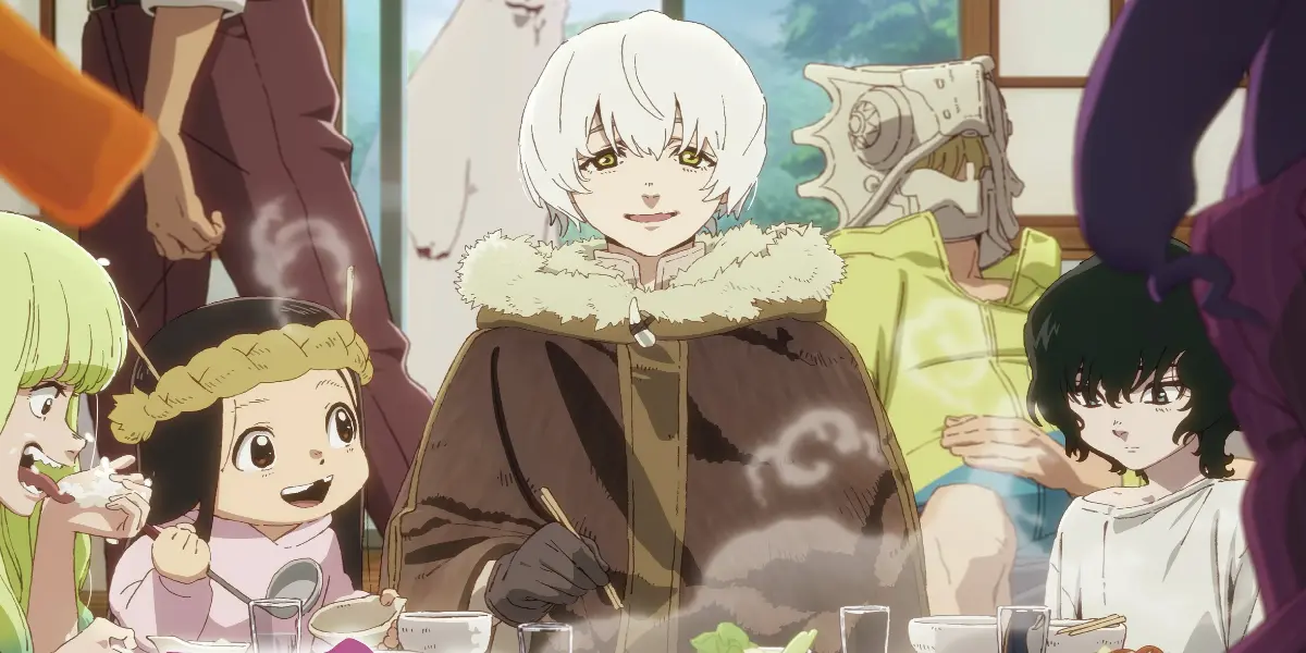 Fushi, March, and Gugu gather around a steaming dinner table with companions in the anime To Your Eternity.