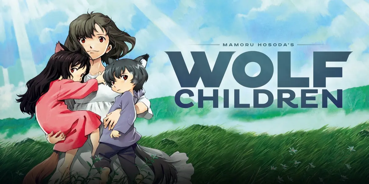 Hana holds her children Ame and Yuki on a grassy hill in the official title poster for the anime film Wolf Children.