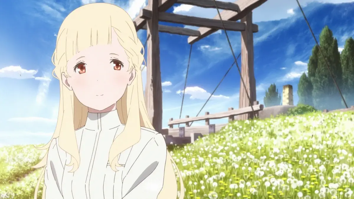 A vibrant image of the character Maquia in a sunny field of blooming dandelions featuring a large wooden archway and blue sky, from the anime film Maquia: When the Promised Flower Blooms.