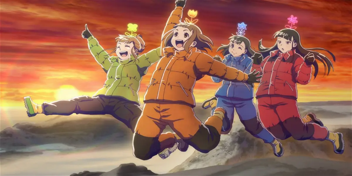Mari Tamaki, Shirase Kobuchizawa, Hinata Miyake, and Yuzuki Shiraishi jump joyfully in winter gear against an Antarctic sunset in A Place Further Than the Universe.