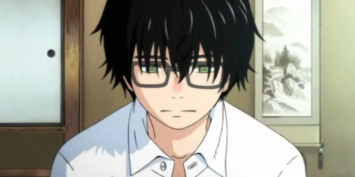 Rei Kiriyama wearing glasses looks down solemnly in a traditional shogi room in March Comes in Like a Lion.