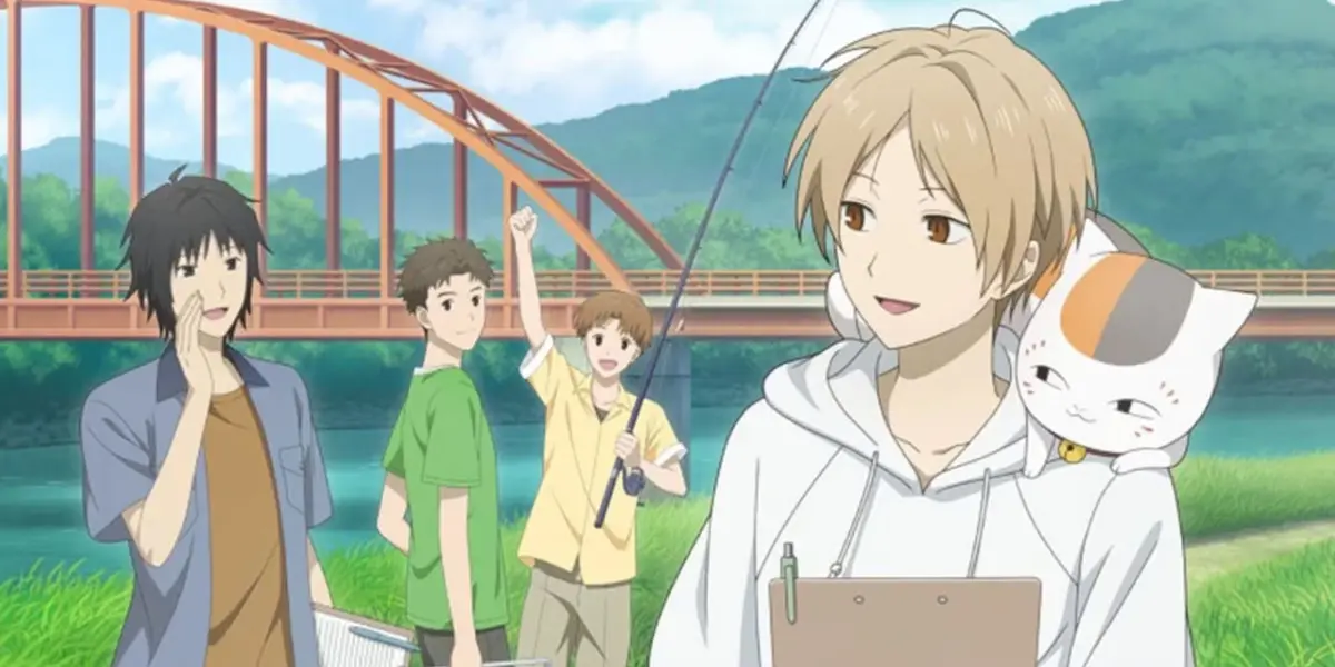 Takashi Natsume and Nyanko-sensei walk near a river and bridge with classmates in Natsume's Book of Friends.
