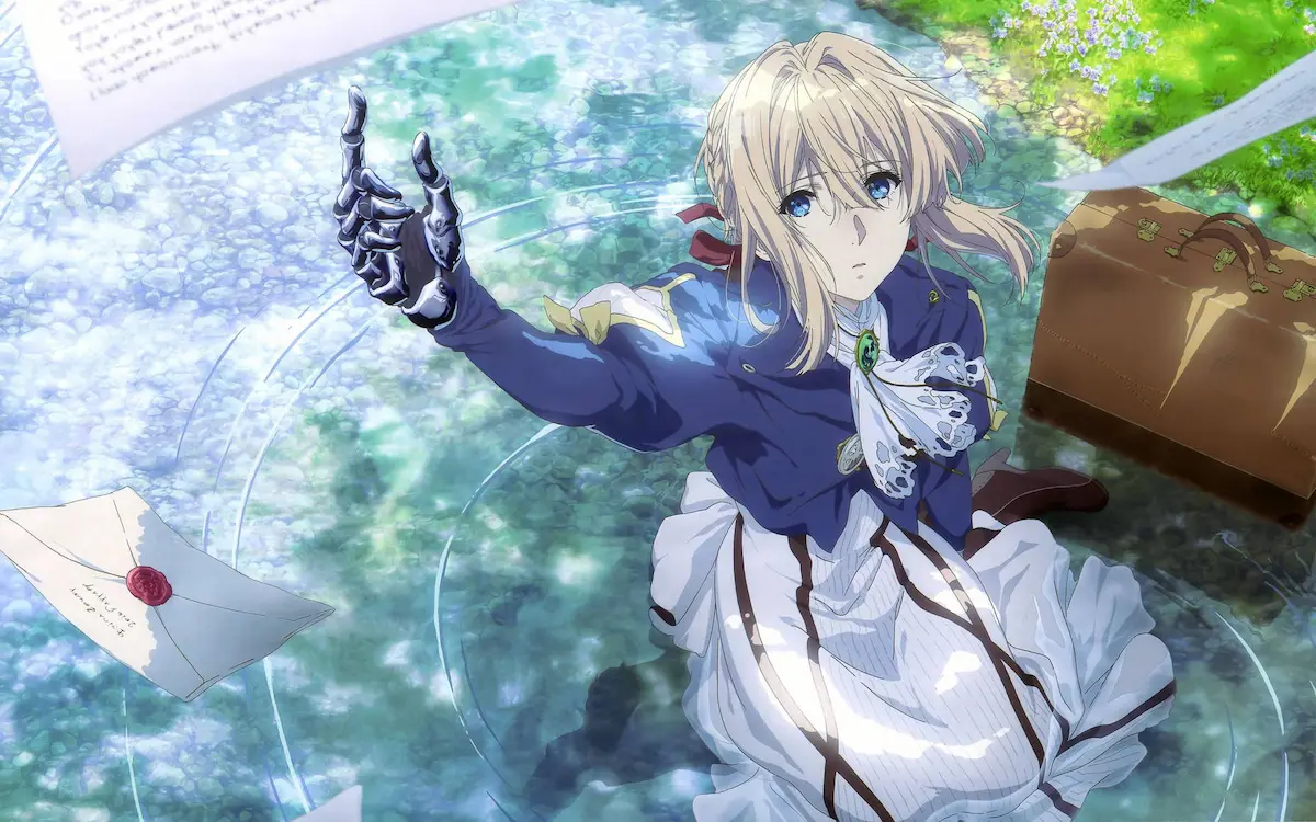 Violet Evergarden reaches out with her mechanical arm amidst floating letters and rippling water in the anime Violet Evergarden.