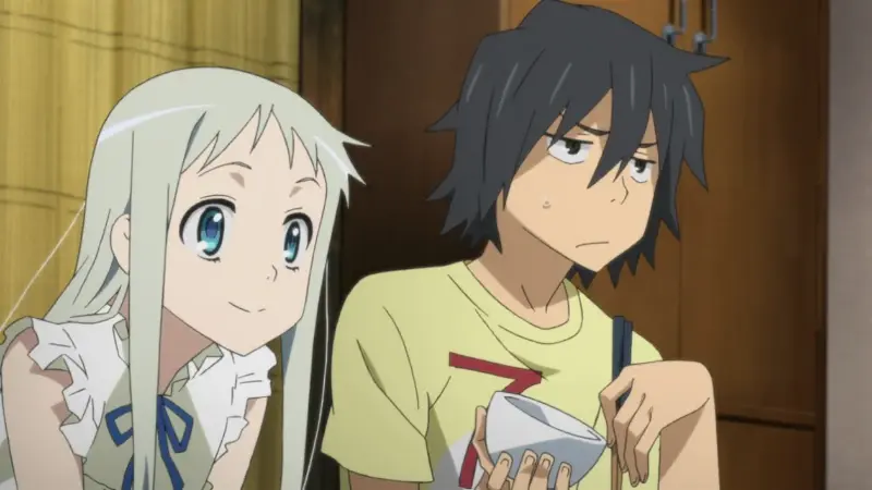 Menma smiling warmly next to Jinta as he holds a rice bowl and chopsticks in the heartbreaking romance anime Anohana.