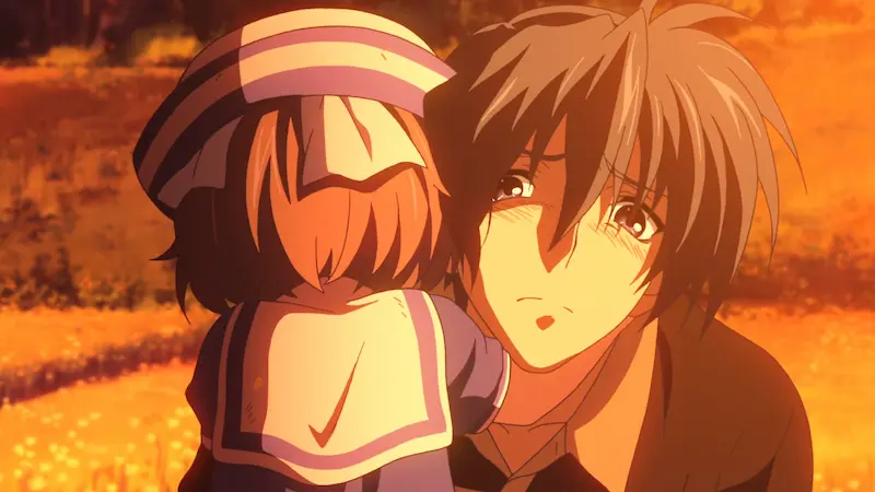 Tomoya crying while holding his daughter Ushio in a sunlit sunflower field during an emotional scene in Clannad: After Story.