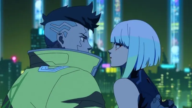 David Martinez and Lucy gazing into each other's eyes against the glowing neon skyline of Night City in Cyberpunk: Edgerunners.
